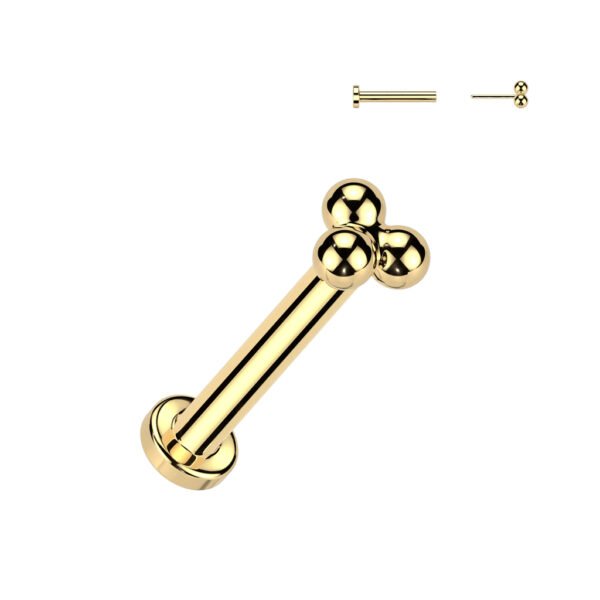 Implant Grade Titanium Threadless Push in Labret With Triangular Trinity Ball Cluster Top (Golden)