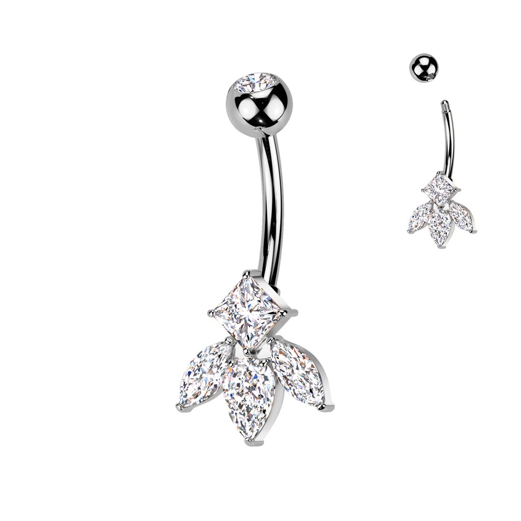 Bezel Set CZ Top With Brass Marquise And Diamond CZ Flower Belly Button Ring